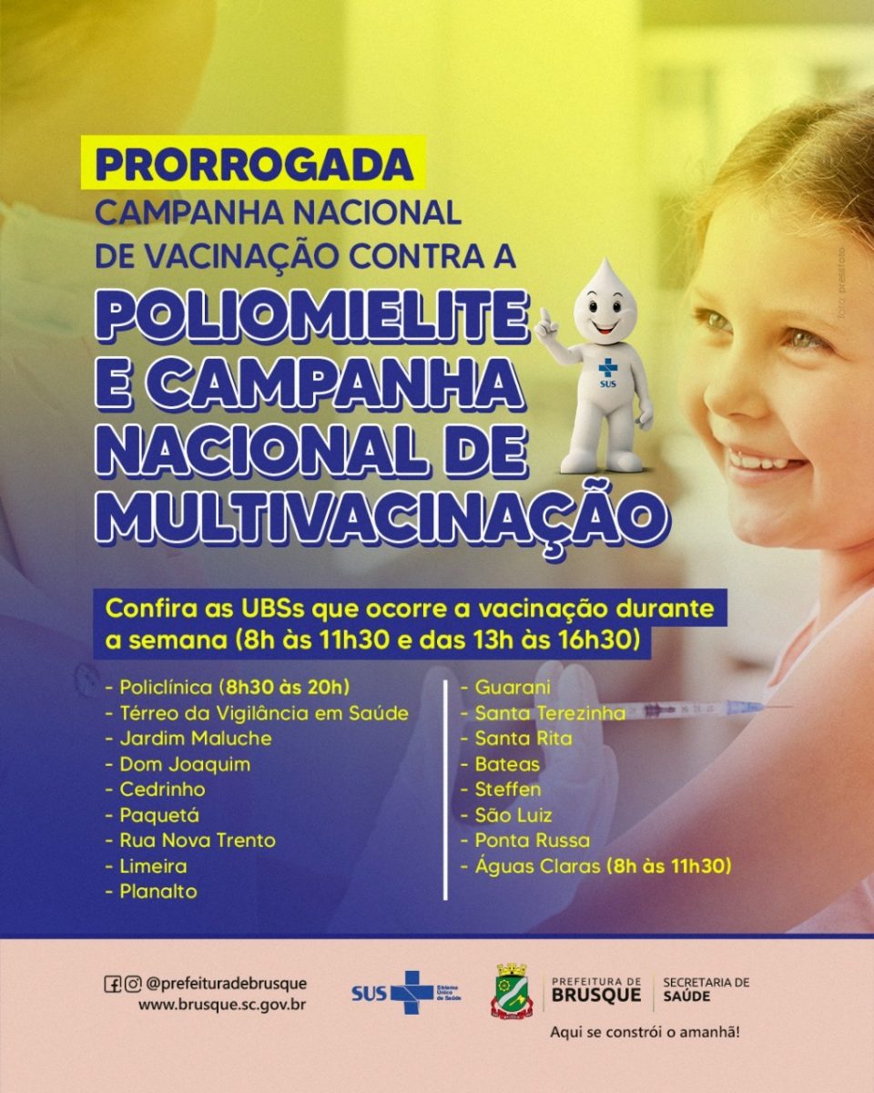 Campanha da Poliomielite e Multivacinação para Atualização da Caderneta de Vacinação da Criança e do Adolescente foi prorrogada